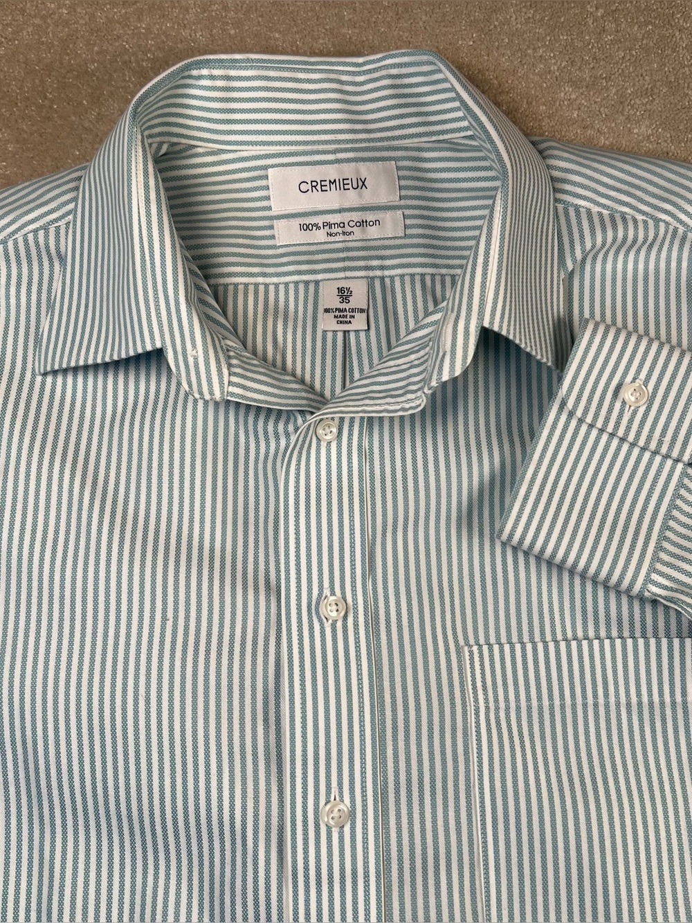 Cremieux Button Up Shirt Green White Stripes 100% Pima Cotton Non Iron Mens 16.5